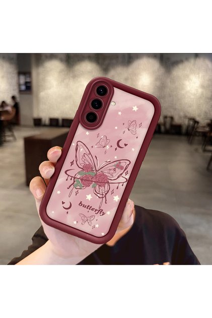 Samsung Galaxy A36 Compatible Rose Butterfly Patterned Burgundy Silicone Shockproof Case