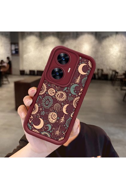 Realme C55 Compatible Maroon Silicone Case-Vintage Patterned Shockproof