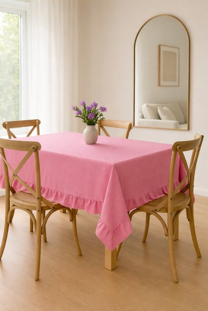 Elite Fırfırlı Pembe Ham Keten Masa Örtüsü – Pembe Masa Örtüsü