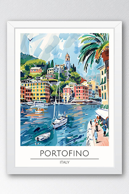 İtalya Portofino Temalı Çerçeveli Tablo Travel Serisi Modern İllüstrasyon Duvar Dekoru