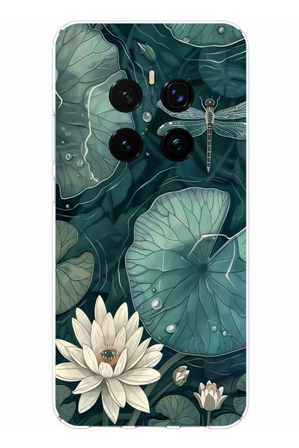 Honor Magic 7 Pro Compatible Green Leafy Water Lily and Dragonfly Printed Silicone Case