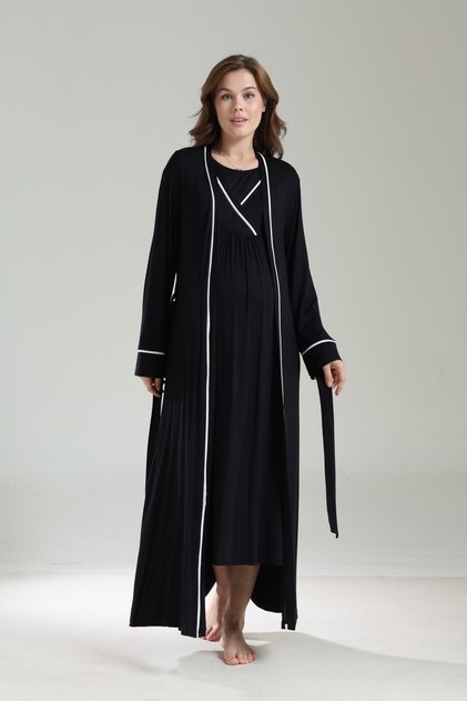Black Maternity Nursing Nightgown Dressing Gown Set - White Piped Hospital Discharge Nightgown Set