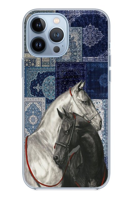 iPhone 13 Pro Max Compatible Blue Carpet Patterned Black and White Horse Printed Silicone Case
