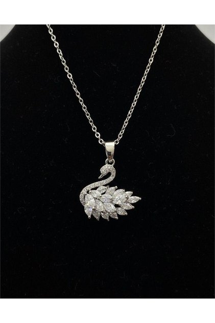 Women's Stainless Steel Silver Chain Zircon Stone Swan Necklace Sparkling Stylish Design - Silver Swan