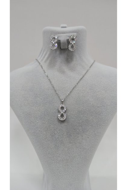 Stainless Steel Silver Color Infinity Themed Zircon Stone Necklace, Earring Set