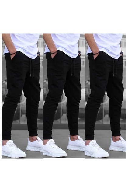 3 Pieces Unisex Regular Black Black Black Ribbed Leg Sweatpants