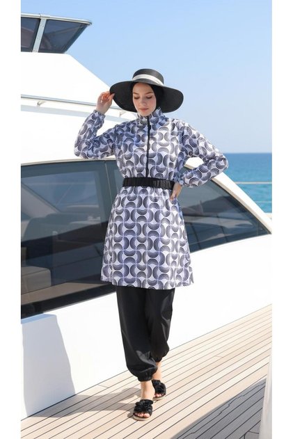 Marin Esinti Patterned Hijab Swimsuit 4-Piece Set with Bonnet and Bag Beachwear