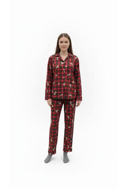 Women's Red Teddy Bear Patterned Buttoned Long Sleeve Pajama Set