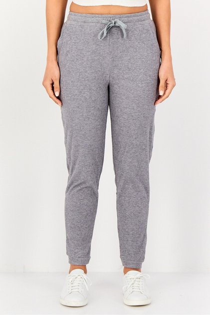 Women Regular Fit Ribbed Jogger Pants, Light Grey