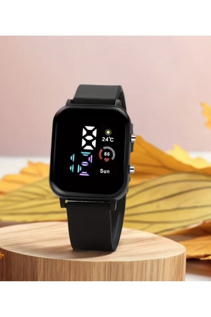 Unisex Siyah Renk Kare Dijital Led Ekran Silikon Kordonlu Kol Saat