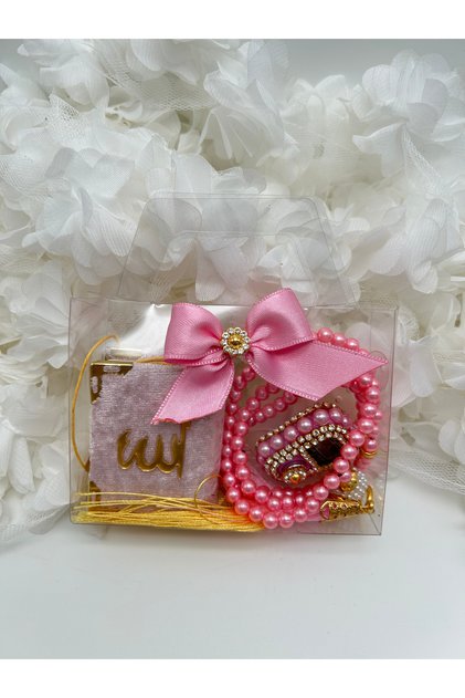 1 Mini Quran in a Bag-Looking Box, Pearl Prayer Beads and Stone Dhikr Mat Gift Set