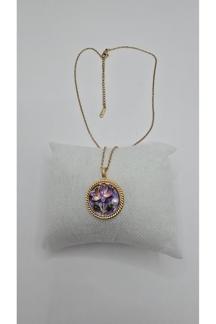 Stainless Steel Purple Lotus Flower Gold Color Necklace