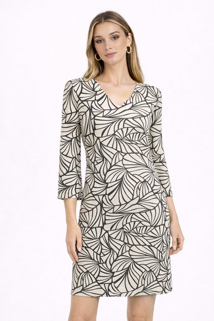 Black and White Patterned V-Neck Long Sleeve Dress – Above Knee, Casual & Stylish