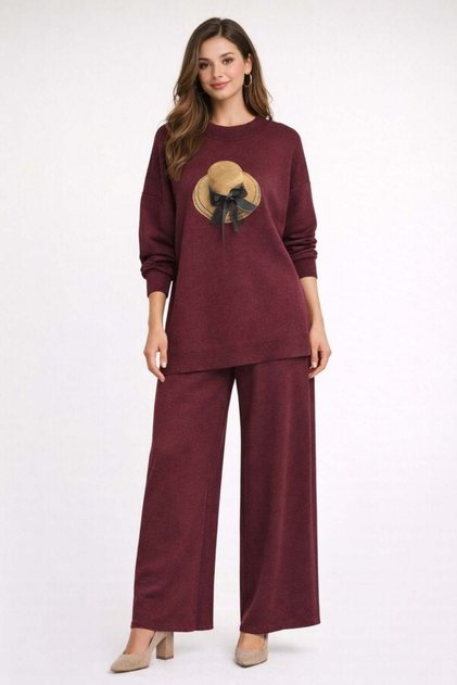 Plus Size Front Printed Double Knitwear Set Burgundy