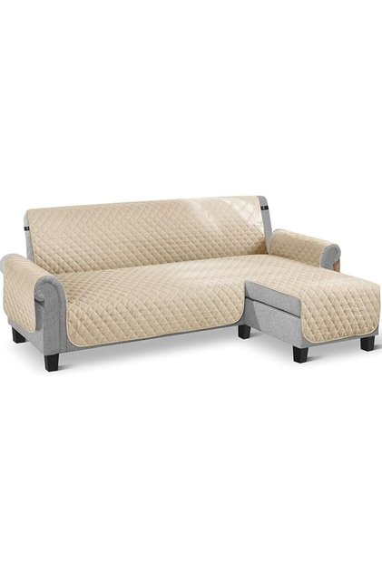 L-Shape Reversible Sofa Slipcover with Elastic Straps (Khaki, XL)