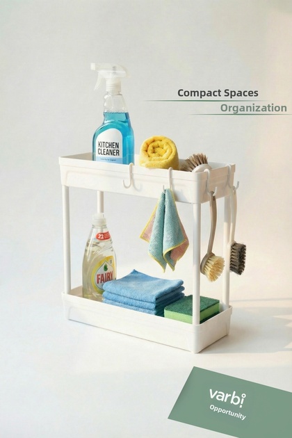Multi-Purpose 2-Tier Sink Organizer - under Counter Organizer with Hangers, Bathroom and Kitchen Organizer with Non-Slip Base