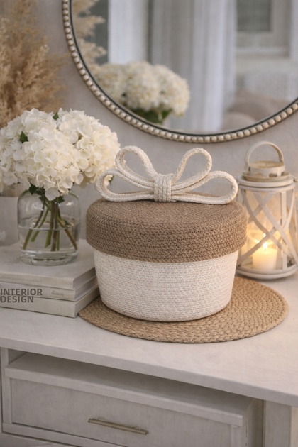 Wicker Basket with Lid - Bohemian Decorative Organizing Box with Bow Detail (23X13)