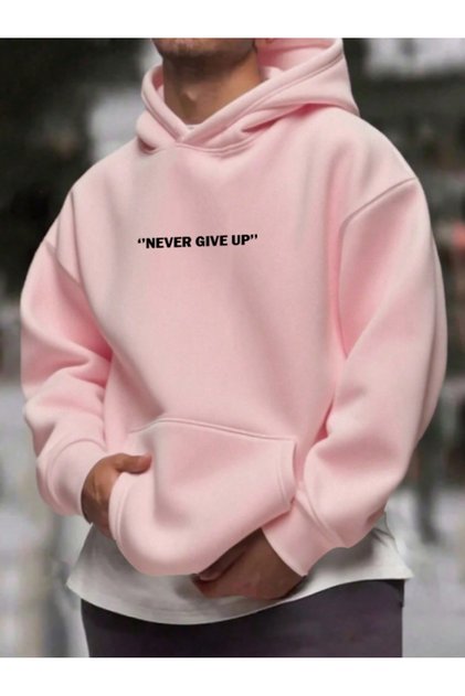 Unisex Erkek/Kadın NEVER Renkli Özel Baskılı Pamuklu Oversize Kapüşonlu Sweatshirt