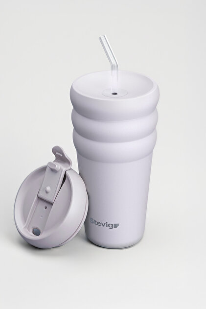 3 Bubble Two-Cap Straw Tumbler Steel Thermos 600 ml Lilac Indian St-245