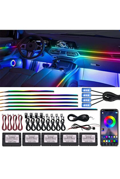 18 în 1 Lumini ambientale interioare dinamice acrilice RGB LED cu efect simfonic pentru uși, bord, mânere, podea, control prin aplicație Bluetooth, bandă neon EL premium