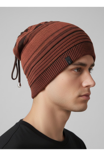 Beanie with Drawstring and Pendant Hip Hop Slouchy Popular Knitwear Lined Unisex Tile