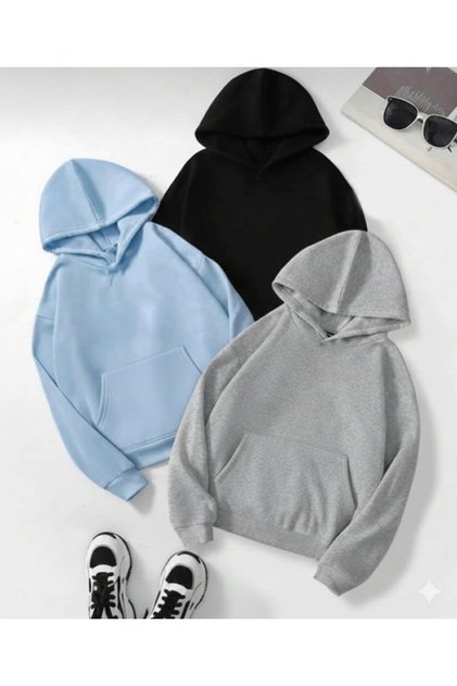 3'Lü Basic Düz Sweatshirt - Siyah Gri Bebe Mavi Oversize Şardonlu Kapüşonlu