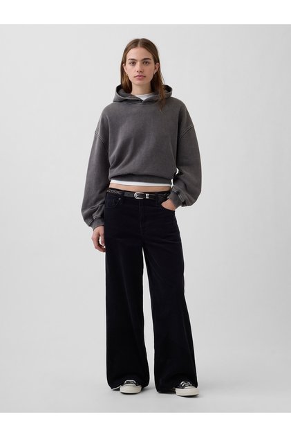 Kadın Siyah Mid Rise Kadife Baggy Wide-Leg Pantolon