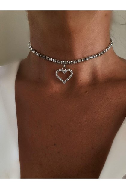 Rs Zirkon Taş Kalp Detaylı Su Yolu Choker Kolye