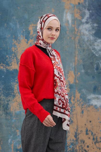 Red and White Indian Voile Shawl - 5004-15