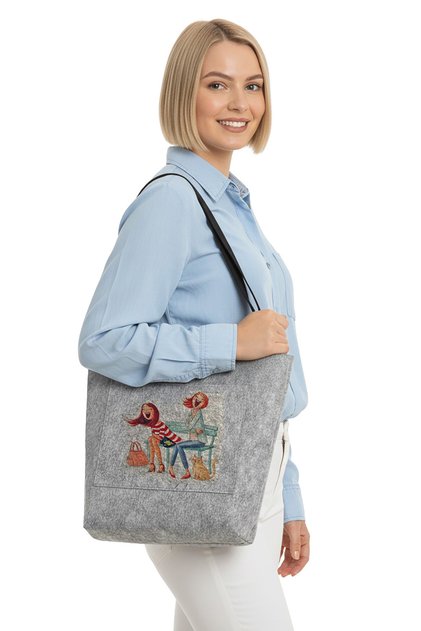 Large Zippered Shoulder Bag - Printed Felt Bag - Joyful Days - 40 X 33 cm