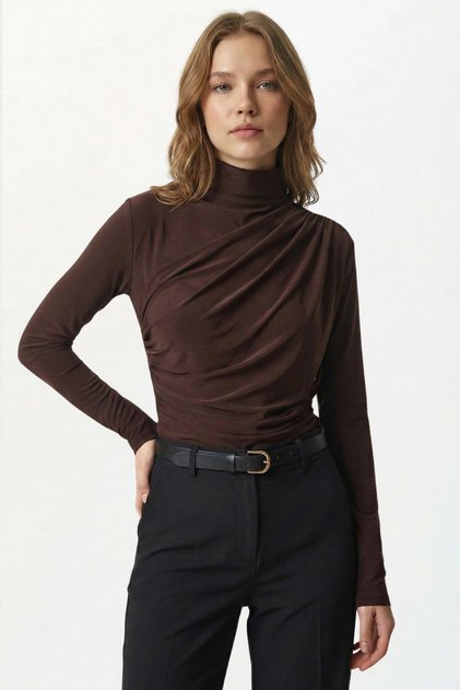 Women's Brown Drawstring Detailed Stand Collar Sandy Blouse