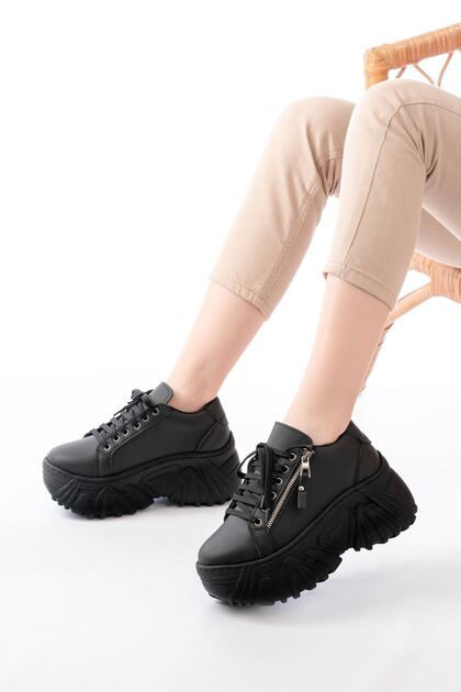 ZRİN-156 Premium Siyah Bağcıklı Fermuarlı Yüksek Taban Kadın Sneaker 8 cm