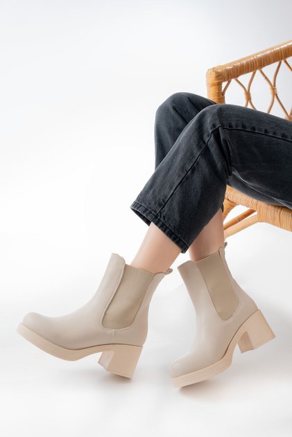 Zri̇n-3056 Premium Beige Elastic Thick Heeled Daily Women's Boots