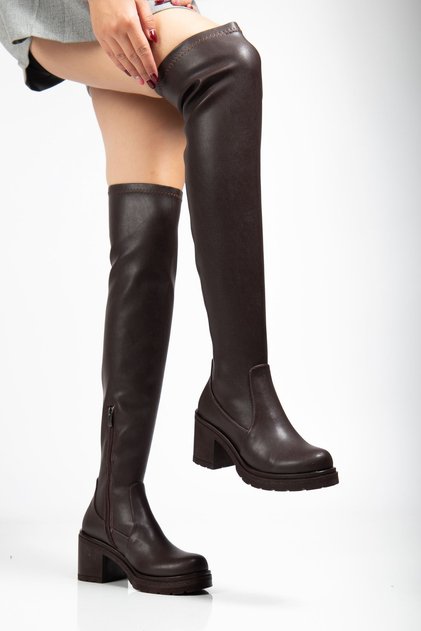 Zri̇n-3010 Premium Brown Stretch Daily Thick Heeled Long Women's Boots