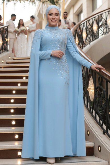 Baby Blue Hijab Evening Dress with Sleeves Cape 51671Bm