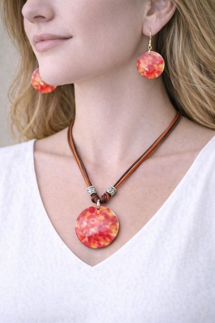 Hand Painted Floral Stone Women's Necklace Earring Set 23 cm
