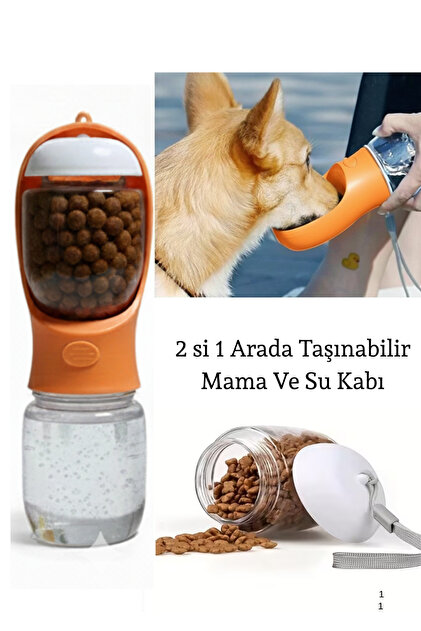 Taşınabilir Kedi Köpek Suluğu 350 mL su 180 ml mama 2in 1 arada Seyahat Su Şişesi Mama Kaseli