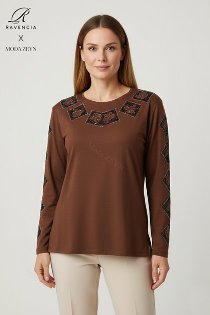Women's Cinnamon Color Square Patterned Stone Embroidered Slit Lycra Viscose Mother Combed Cotton Blouse