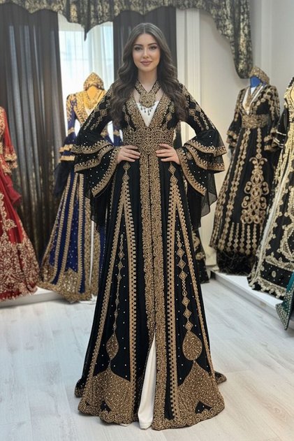 Siyah-Gold Kadife Bindallı Kaftan Kına Gece Gelin Elbisesi - Taç, Kemer, Kolye, Tarlatan Seti