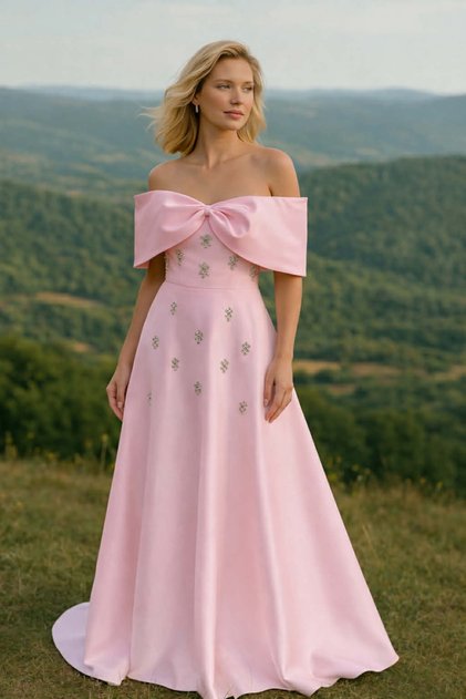 Kadın Saten Önü Taşlı Madonna Yaka Pembe Abiye Elbise