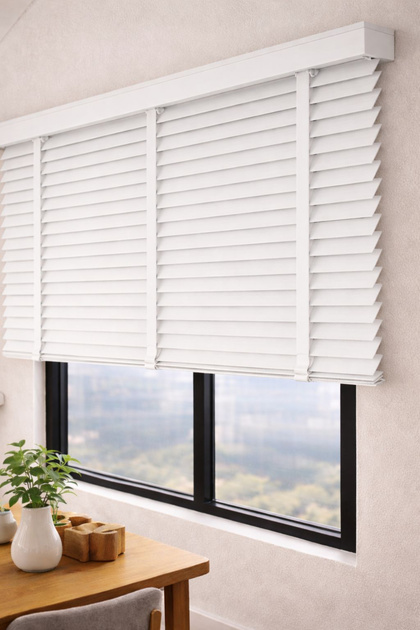 Nj-2401 Volper Beyaz Renk %100 Gerçek Ahşap Jaluzi Perde 50 mm Zincirli Redüktörlü Kurdelalı