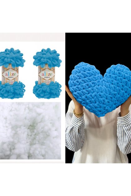 Kalp Yastık Puffy Malzemesi 2 Adet Puffy 16 Mavi Ve 200 Gr. Boncuk Elyaf Seti