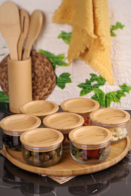 Duo 300ml 7-Piece Rotating Tray Bamboo Silicone Lid Anti-Slip Glass Breakfast