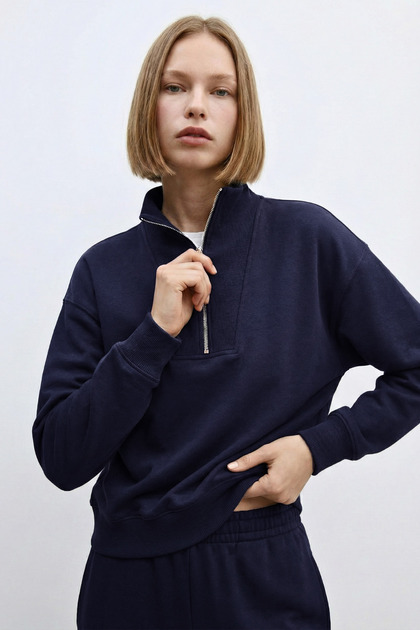 Kahve Fermuarlı Dik Yaka Yumuşak Dokulu Sweatshirt - Lacivert 3