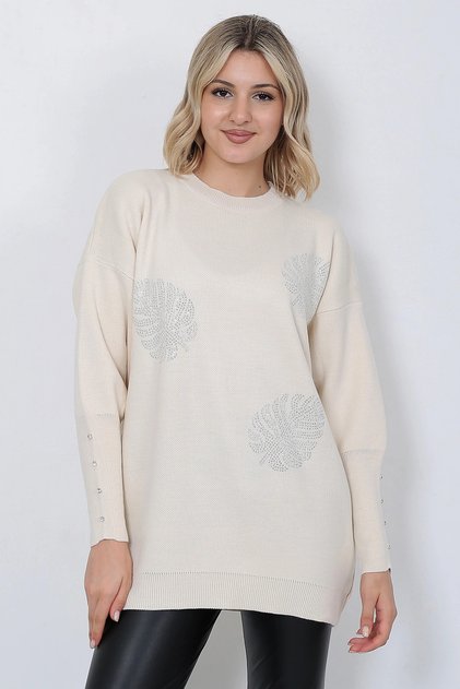 Women's Knitwear Sweater Crew Neck Leaf Patterned Sleeve Rhinestoned Oversize Stone Color