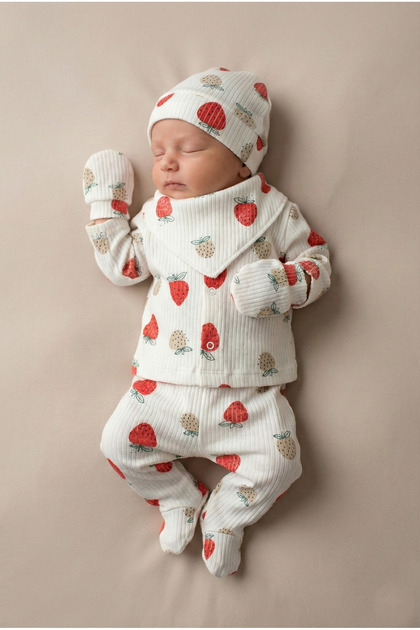 Baby Girl Strawberry Patterned Combed Cotton Hospital Release 5-Piece Set - Bodysuit Set, Organic Cotton, Soft