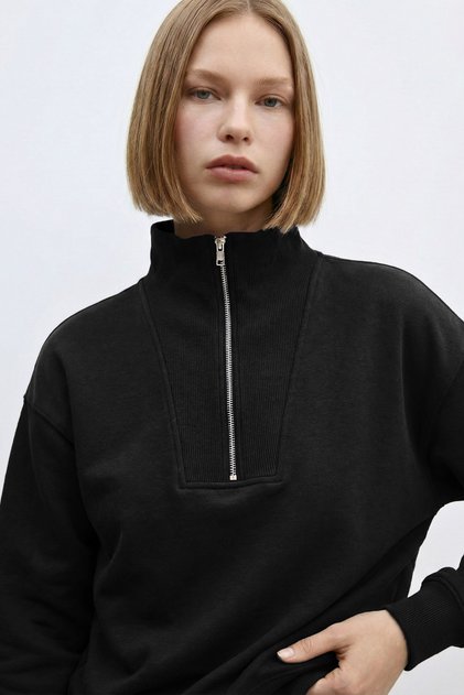 Kahve Fermuarlı Dik Yaka Yumuşak Dokulu Sweatshirt - Siyah 3