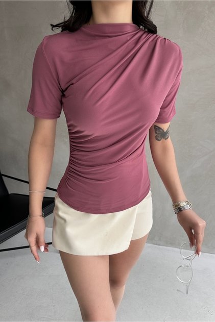 Bluză de damă cu decolteu în formă de O, cu mâneci scurte, cu șnur la umeri și talie, Dusty Rose