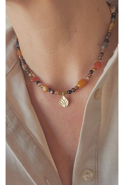 Special Design Earth Tones Agate and Hematite Natural Stone Double-Faced Steel End Necklace - Gold