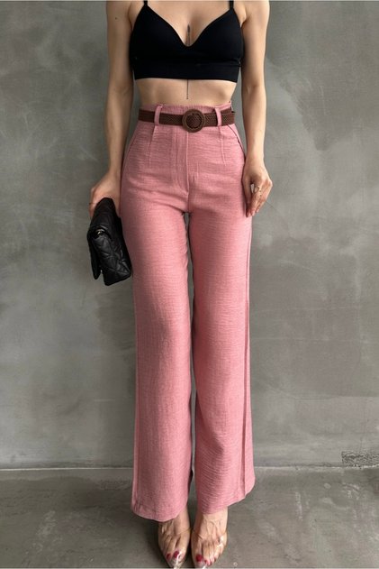 Women's High Waist Belted Pipe Leg Linen Trousers Powder Pink
